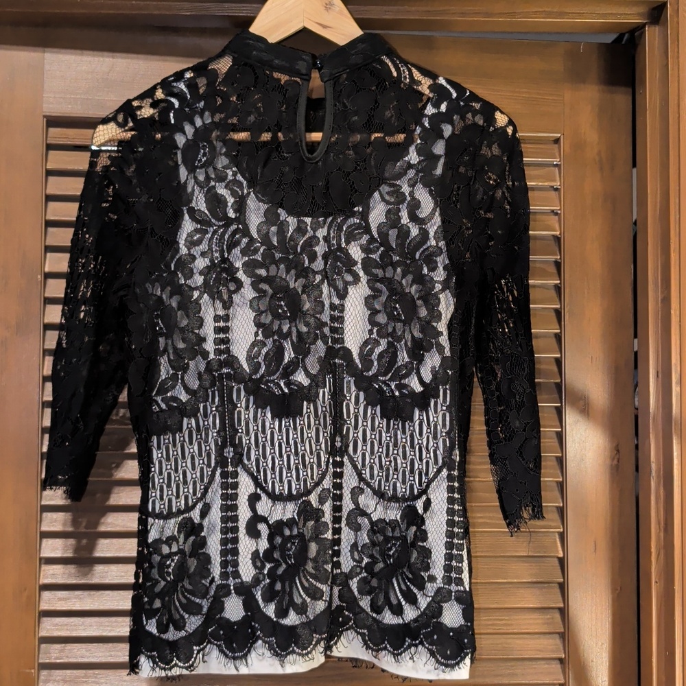 Black Lace Top With 3/4 Sleeves And Mock Neckline - Picture 3 of 5